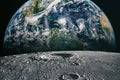 Moon limb with Earth rising on the horizon.Earth rises above lunar horizon. Elements of this image furnished by NASA