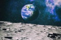 Moon limb with Earth rising on the horizon.Earth rises above lunar horizon. Elements of this image furnished by NASA