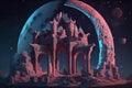 the moon lit up the night sky in this art in the style of fantastical ruins