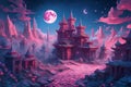 the moon lit up the night sky in this art in the style of fantastical ruins