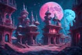 the moon lit up the night sky in this art in the style of fantastical ruins