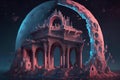 the moon lit up the night sky in this art in the style of fantastical ruins
