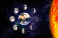 Moon or lunar phases poster. Eight steps of the lunar cycle around the Earth. Space background. 3d render illustration with no