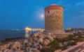 Moon with a mill in the tourist haven. Rhodes Island. Greece Royalty Free Stock Photo