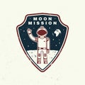 Moon mission logo, badge, shirt, t, design, print. Vector. Concept for shirt, print, stamp, overlay or template. Vintage