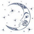 Moon. Month. Ancient astrological symbol. Engraving. Boho Style. Ethnic. The symbol of the zodiac. Esoteric Mystical. Vector