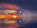 Moon, moo starry sky night dark dramatic blue lilac gold orange sunset at sea water reflection boat on horizon in harbor nature l Royalty Free Stock Photo