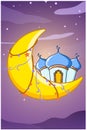 Moon and mosque Ramadan night cartoon illustration