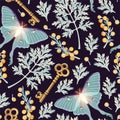Moon moth and flowers vector seamles pattern Royalty Free Stock Photo