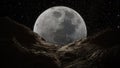 Moon Mountain landscape fantastic cosmos galaxies stars planets and nebulae. Sunset and unreal night sky. Panoramic photo