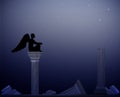 Moon night and angel sit on ruins of marble columns, secret night place, decline of the civilization, solitude concept, Royalty Free Stock Photo