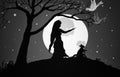 Illustration Of Moon Night, Fantasy Of Silhouette Woman And Cat ,Tree With Flowers, And Beautiful Birds. Royalty Free Stock Photo