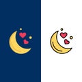 Moon, Night, Love, Romantic Night, Icons. Flat and Line Filled Icon Set Vector Blue Background