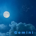 Moon in the night sky with design zodiac constellation Gemi