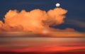 Moon at night sky and  pink blue colorful sky white fluffy clouds sea water wave reflection nature landscape seascape Royalty Free Stock Photo