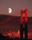 Moon Over Golden Gate Bridge San Francisco City Skyline Sunset