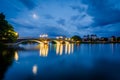 The moon over the John W Weeks Bridge and Charles River at night Royalty Free Stock Photo