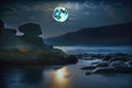 Moon over the sea at night close-up with moonlight path in the style of moonlight Royalty Free Stock Photo