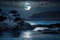 Moon over the sea at night close-up with moonlight path in the style of moonlight Royalty Free Stock Photo