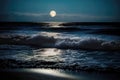 Moon over the sea at night close-up with moonlight path in the style of moonlight Royalty Free Stock Photo