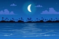 Moon over tropical island landscape background in flat style. Moonlight at night sky, palm trees on seashore, seaside resort, wave Royalty Free Stock Photo