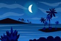 Moon over tropical islands landscape background in flat style Royalty Free Stock Photo