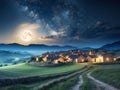 A moon over a village and group of houses photos. Royalty Free Stock Photo