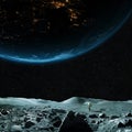 Moon overlooking planet Earth. Spaceman travels on the moon. Astronaut on asteroid