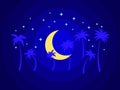 Moon and palm trees in paper cut style. Tropical night landscape with palm trees, crescent moon and stars. Design for print, Royalty Free Stock Photo