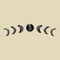 Moon phases with black crescent and full moon with white lace floral ornament. Design element for logos icons. Boho style Royalty Free Stock Photo