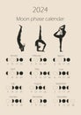 Moon phases calendar 2024 with Naked young woman performing physical exercises.