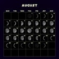 Moon phases calendar for 2019 with realistic moon. August. Vector.