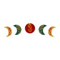 Moon phases with full and crescent moon in Boho colors and floral lace ornament. Islamic religious symbol Ramadan holiday