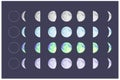 moon phases. illustrations in different styles of all lunar phases.
