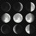Moon phases. Night space astronomy and nature moon phases sphere shadow. The cycle from new moon to full moon on a Royalty Free Stock Photo