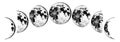 Moon phases planets in solar system. Astrology or astronomical galaxy space. Orbit or circle. Engraved hand drawn in old Royalty Free Stock Photo