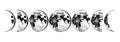 Moon phases planets in solar system. Astrology or astronomical galaxy space. Orbit or circle. Engraved hand drawn in old Royalty Free Stock Photo