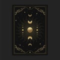 Moon phases in tarot cards, decorated with golden clouds, moon circulation, outer space and many stars