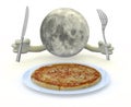 Moon planet with hands, fork and knife in front of a pizza dish