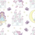 MOON PRINCESS Fairy Tale Seamless Pattern Vector Illustration