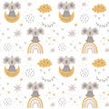 Moon rainbow nursery baby seamless pattern with cute koala. Childish clouds, stars background. Soft baby print Royalty Free Stock Photo