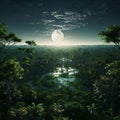 Moonrise in a big forest with a river in the middle