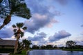 moon rising over lakeside view of palm trees and orange fiery sunset Royalty Free Stock Photo