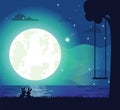 Moon and River Silhouette Vector Illustration Royalty Free Stock Photo