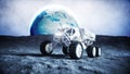 Moon rover on the moon. space expedition. Earth background. 3d rendering. Royalty Free Stock Photo