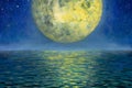 Moon and sea of night seascape painting, beautiful big planet moon