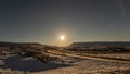 Moon setting near godafoss waterfalls, Iceland