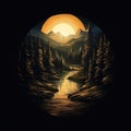 Detailed Forest Scene With Moon: Dark Gray And Amber Illustration Royalty Free Stock Photo