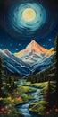 Meticulously Detailed Painting Of Mountains With Full Moon Royalty Free Stock Photo