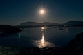 Moon shines over mountain and reflection in ocean water. Dark and moody feel. Nature background. Night shot Royalty Free Stock Photo
